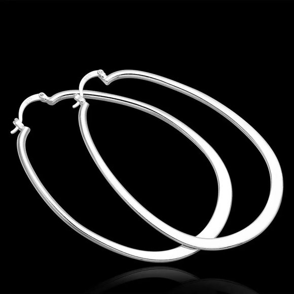 Stunning .925 Sterling Silver Large 2.7 Inches Oval Hoop Earrings Hypoallergenic - Picture 4 of 6